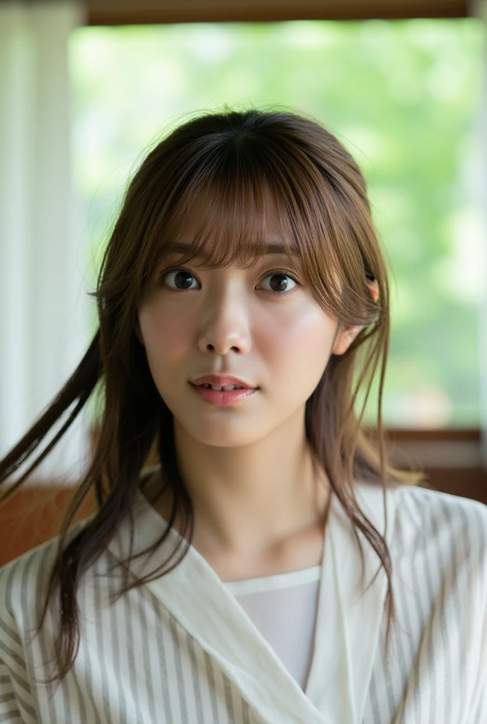   The image is a portrait of a young Asian woman with long brown hair and bangs . She looks directly at the camera with a serious expression .   She has a faint smile on her lips 、 is wearing a white blouse with black stripes .   The background is blurry  , It looks like a window where you can see the greenery outside  .  The overall atmosphere of the image is calm and thoughtful 。.