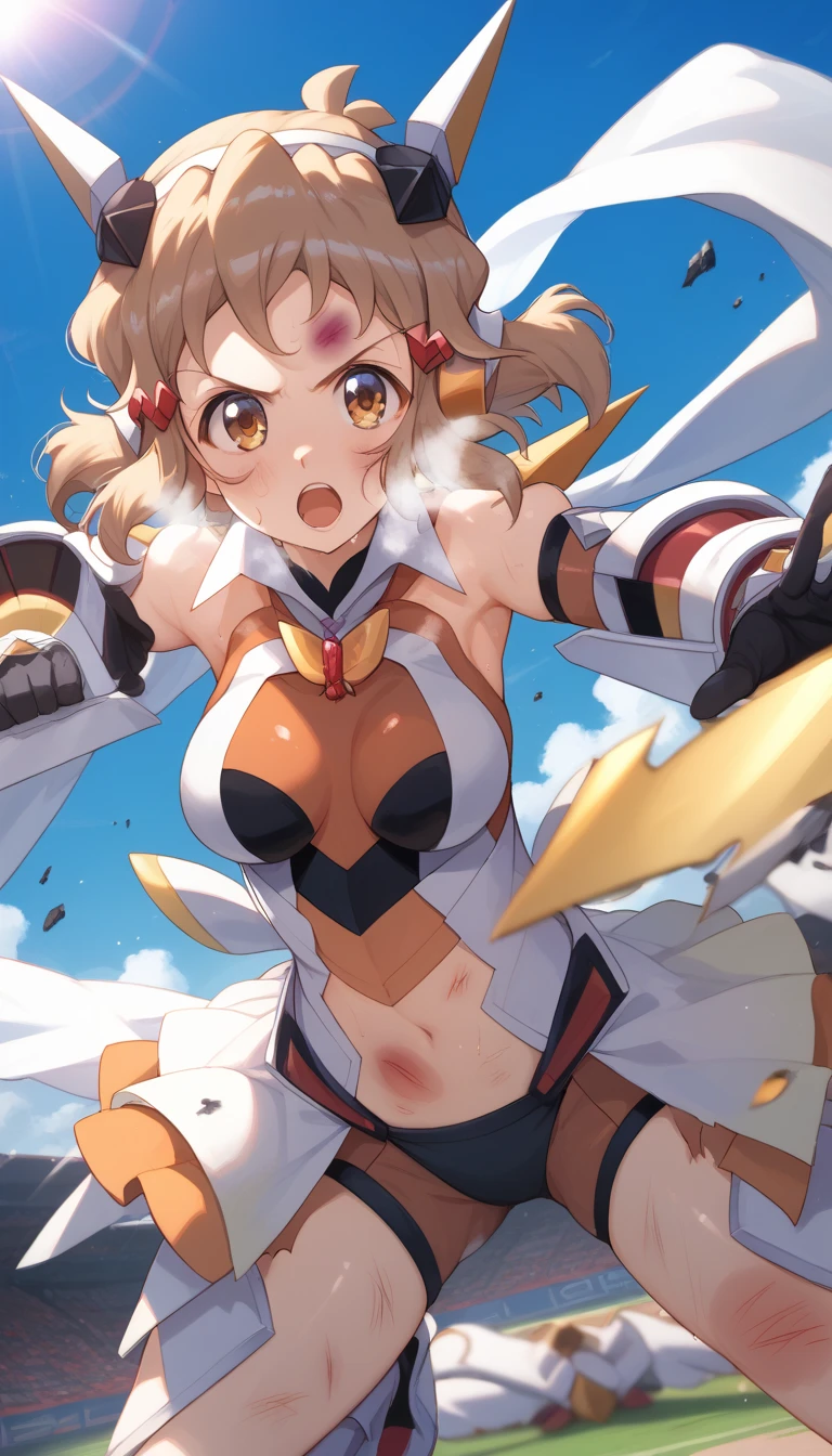  top quality ,  soft light during the cruise,  super high res,  cute, Beautiful face in every detail , high resolution details of human skin texture, shiny skin,sweat,Heat, white breath ,Take a deep breath,Hibiki Tachibana,Brown Hair,, battle costume,Outdoor Arena,sunlight, serious eyes,Ready,Big eyes, Symphogear ,armed gear , open mouth ,Fighting pose,bruised body, has a weapon , hair ornament, torn clothes ,Short Hair,whole body