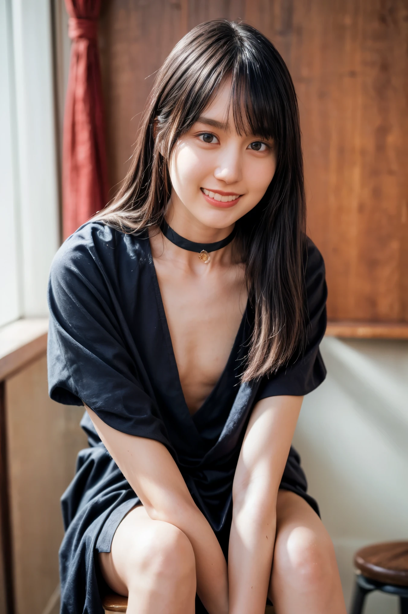 The high resolution photograph of a 23 years old beautiful Japanese woman, (realistic, photo-realistic:1.37), (best quality, masterpiece), 8k, RAW Photo, intricate details, extremely detailed, sharp focus, professional lighting, solo, 1girl, tall, (flat chest:1.4), pale skin, fine-textured skin, straight long black hair, cheerful grin,,,,(tunic dress:1.2), (choker, jewelry), pumps,,(sitting leaning forward on a stool:1.4),,,,(posing for gravure photography, erotic posture), detailed face, detailed beautiful eyes, sophisticated nose, (perfect anatomy, two perfect anatomical arms, two perfect anatomical hands, two perfect anatomical legs),,, photo background, indoors, coffee shop, crowds,