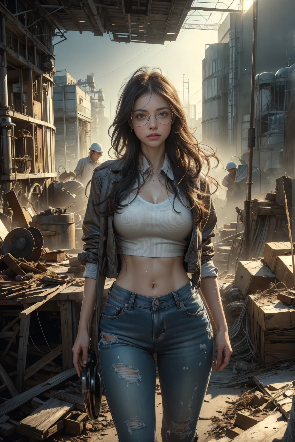 ((masterpiece, highest quality, Highest image quality, High resolution, photorealistic, Raw photo, Extremely detailed CG unified 8k wallpaper)), (huge stunning goddess shot, jaw-dropping beauty, perfect proportions, sweaty skin, a face stained with dirt and stains, beautiful body, slim body beauty:1.4), A young beautiful girl, dressed in a work clothes, working in a factory, Portraiture, Professional, wearing work clothes and a helmet, Wearing safety glasses, engineer working in a factory, standing in an orderly, modern factory, machinery and equipment and factory lines, operating a tablet device with confidence, in the background, bright work lighting, 1girl, Amanda Seyfried