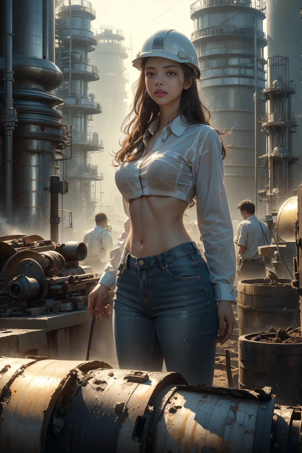 ((masterpiece, highest quality, Highest image quality, High resolution, photorealistic, Raw photo, Extremely detailed CG unified 8k wallpaper)), (huge stunning goddess shot, jaw-dropping beauty, perfect proportions, sweaty skin, a face stained with dirt and stains, beautiful body, slim body beauty:1.4), A young beautiful girl, dressed in a work clothes, working in a factory, Portraiture, Professional, wearing work clothes and a helmet, Wearing safety glasses, engineer working in a factory, standing in an orderly, modern factory, machinery and equipment and factory lines, operating a tablet device with confidence, in the background, bright work lighting, 1girl, Amanda Seyfried