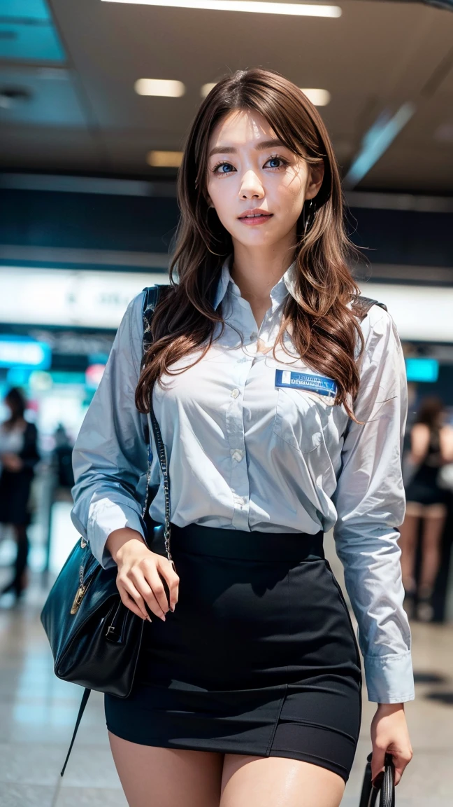 A beautiful, 24-year-old Japanese woman with perfect anatomy, healthy thighs, beautiful legs, beautiful skin, random hair color and style, large breasts, (wearing a flight attendant uniform with a mini-skirt:1.3), (she is standing:1.2), full body shot, pumps, carrying a suitcase, at the airport, (best quality,4k,8k,highres,masterpiece:1.3),(extremely detailed:1.2),realistic,photorealistic,photo-realistic:1.37,professional,vivid colors, studio lighting, Kana Kurashina