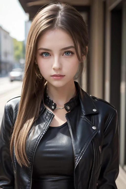  One girl , Alone, face,  portrait,  long hair,  ponytail, Blonde,  green eyes,  Big Breasts , (black leather jacket:1.2) ,  clevis on a stone,  School,  blanking in the heart of the city,  stares at viewers, 