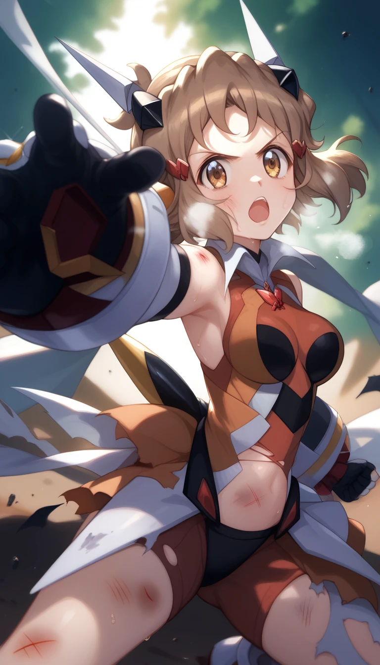  top quality ,  soft light during the cruise,  super high res,  cute, Beautiful face in every detail , high resolution details of human skin texture, shiny skin,sweat,Heat, white breath ,Take a deep breath,Hibiki Tachibana,Brown Hair,, battle costume,Outdoor Arena,sunlight, serious eyes,Ready,Big eyes, Symphogear ,armed gear , open mouth ,Fighting pose,bruised body, has a weapon , hair ornament, torn clothes ,Short Hair,whole body