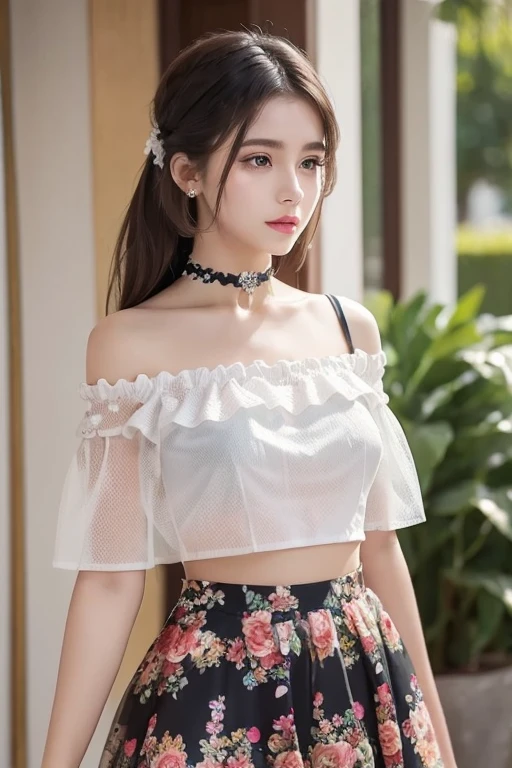 Soft glow, 20-year-old, korean girl, strikingly beautiful, black hair, big breasts, delicate facial features, red lips, expressive eyes, late-night street food market, petite and slender girl, off-shoulder lace top, pleated skirt, cute face, short tousled bob hair, warm and inviting smile, Masterpiece; Photorealistic; 8K resolution; Ultra High Quality; Incredibly Detailed; Cinematic_lighting; Perfect anatomy; RAW; hyper-realistic face; slender; cleavage; bare legs; pale skin; loveholic;