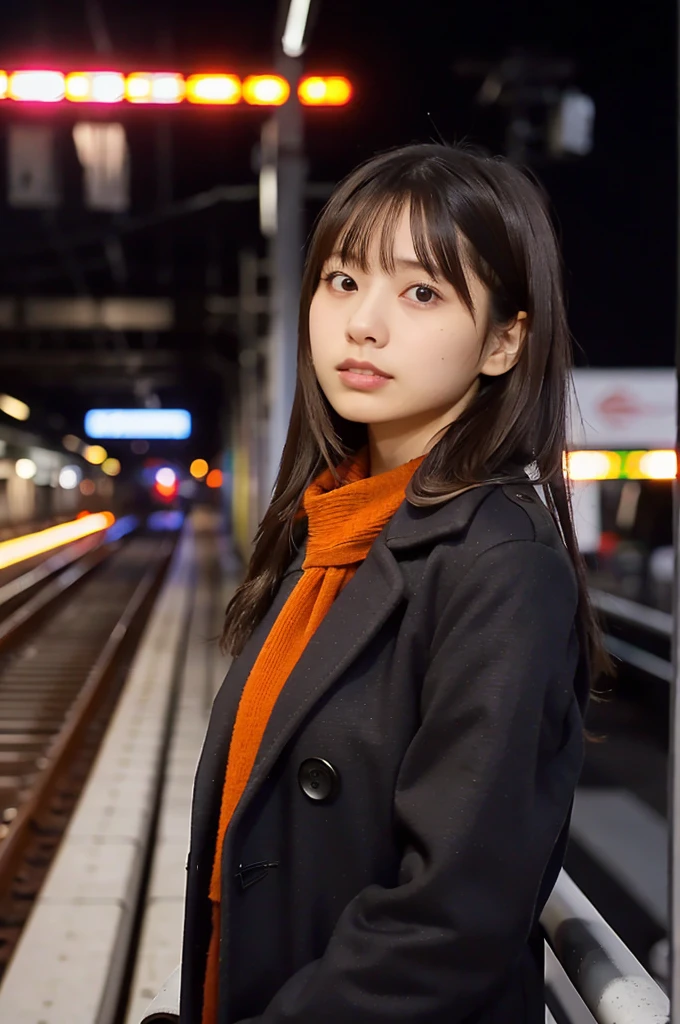 (masterpiece, best quality, perfect anatomy, highres, 8k, realistic, photorealistic, natural skin texture, no makeup:1.2), 1girl, solo, Japanese, age20, (very cute), stylish female university student, (large breasts:1.4), winter vibes, standing on a train platform during a winter sunset, leaning slightly on a railing with her hands in her coat pockets, looking off into the distance with a thoughtful expression, She has medium, straight hair, (wearing a black peacoat, a red mini skirt, and a white scarf), The glowing red-orange sky fills the background, with blurred train tracks and faint silhouettes of passing trains creating a serene yet dynamic scene, vertical composition, jp idol, inugao