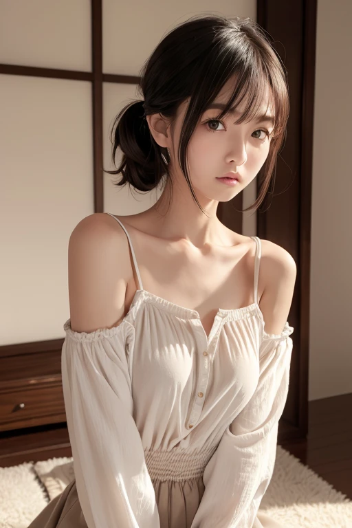 nsfw, masterpiece, Solo Girl, 1 girl, ( Standard body :1.2), ( flat chest:1.2), ( small breasts :1.2), small hip, , short, very Young Face, medium hair, tousled hair, low ponytail , winter smock blouse, Winter clothes, (cleavage:1.2), ( front open :1.2), (put on smock blouse:1.4), ( Nipples Exposed:1.3), (shoulder exposed:1.2), long skirt, sad expression, Crouching posture, sideways, Modern Japanese Room , cowboy shot