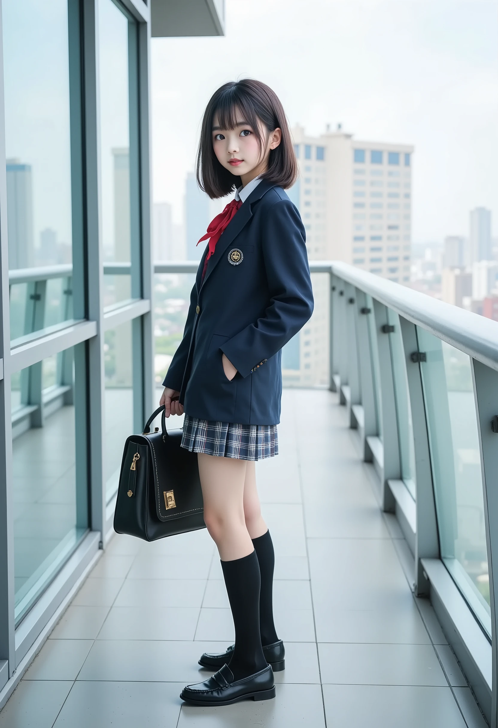 1girl, (modern Japanese high school girl:1.5), shoulder-length dark brown bob haircut (natural shine, neat and elegant), soft and slightly surprised expression, wearing a navy blue school uniform (fitted blazer, red ribbon, checkered pleated skirt), black knee-high socks, and black leather loafers, holding a realistic black school bag (detailed stitching and emblem), standing in a casual pose with a slight glance over her shoulder, 
background/(modern cityscape viewed from a high-rise balcony, distant skyscrapers silhouetted against a pale blue sky, soft natural daylight illuminating the scene, clean glass panels and metallic railings, smooth tiled flooring reflecting the light, a serene and calm atmosphere of an ordinary school day), cinematic lighting, ultra-detailed textures, realistic proportions, 8k resolution, hyper-realistic, photorealistic.trk