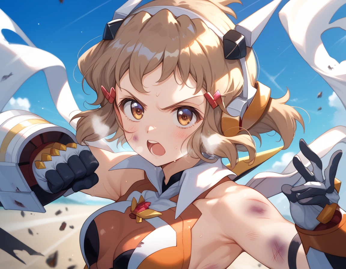  top quality ,  soft light during the cruise,  super high res,  cute, Beautiful face in every detail , high resolution details of human skin texture, shiny skin,sweat,Heat, white breath ,Take a deep breath,Hibiki Tachibana,Brown Hair,, battle costume,Outdoor Arena,sunlight, serious eyes,Ready,Big eyes, Symphogear ,armed gear , open mouth ,Fighting pose,bruised body, has a weapon , hair ornament, torn clothes ,Short Hair,whole body