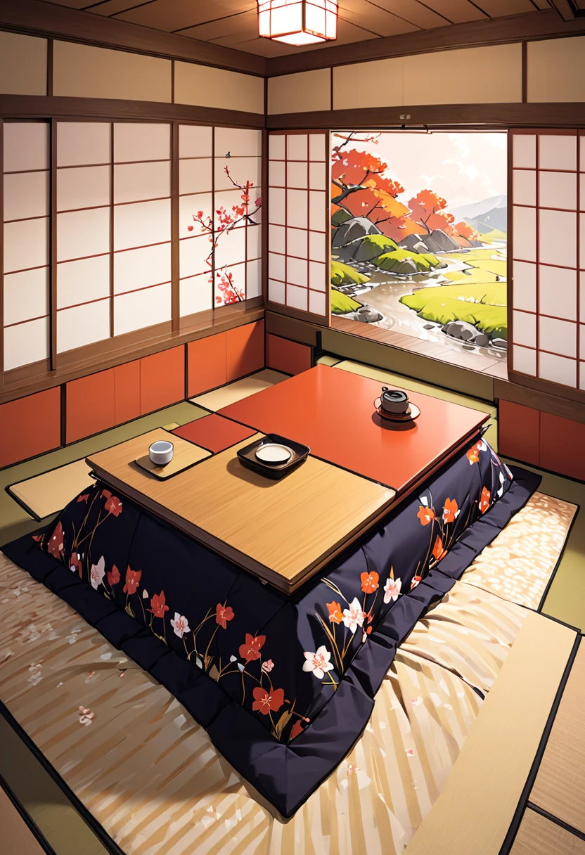 scenery, in the room, tatami , kotatsu, warm color, cute, a front view