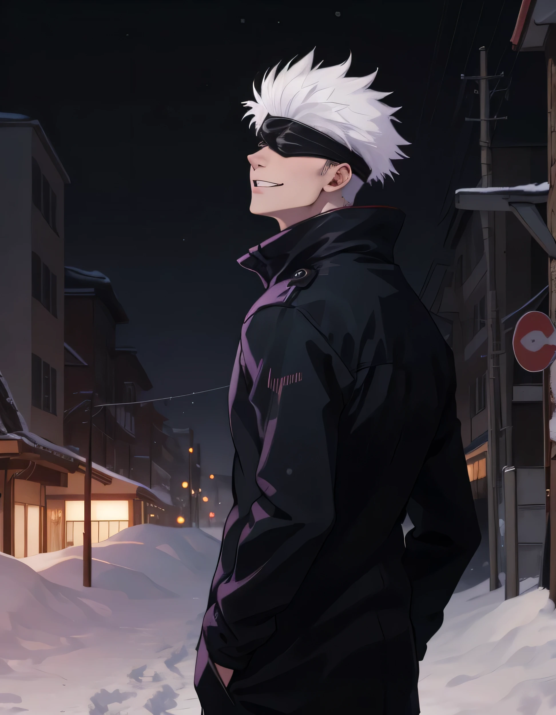 masterpiece, best quality, 1boy, gojou satoru, white hair, short hair, blindfold, smile, black jacket, high collar, upper body, solo, looking up, snow atmosphere, night, night light, snow background, showing back, walking on snow street.