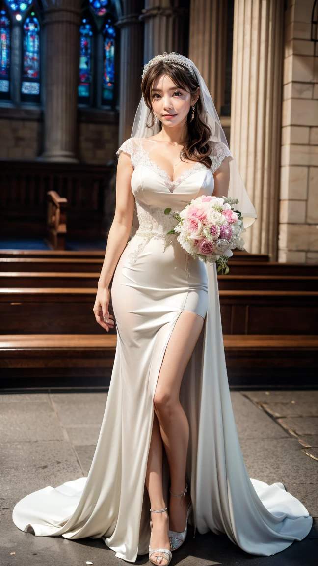 A beautiful young Japanese woman, 26 years old, with healthy thighs, beautiful legs, flawless skin, random hair color and style, large breasts, wearing a (wedding dress:1.3), (she is standing:1.2), full body shot, high heels, holding a bouquet in her hands, in a church setting, (best quality,8k, masterpiece:1.3), (extremely detailed:1.2), perfect anatomy, Kana Kurashina