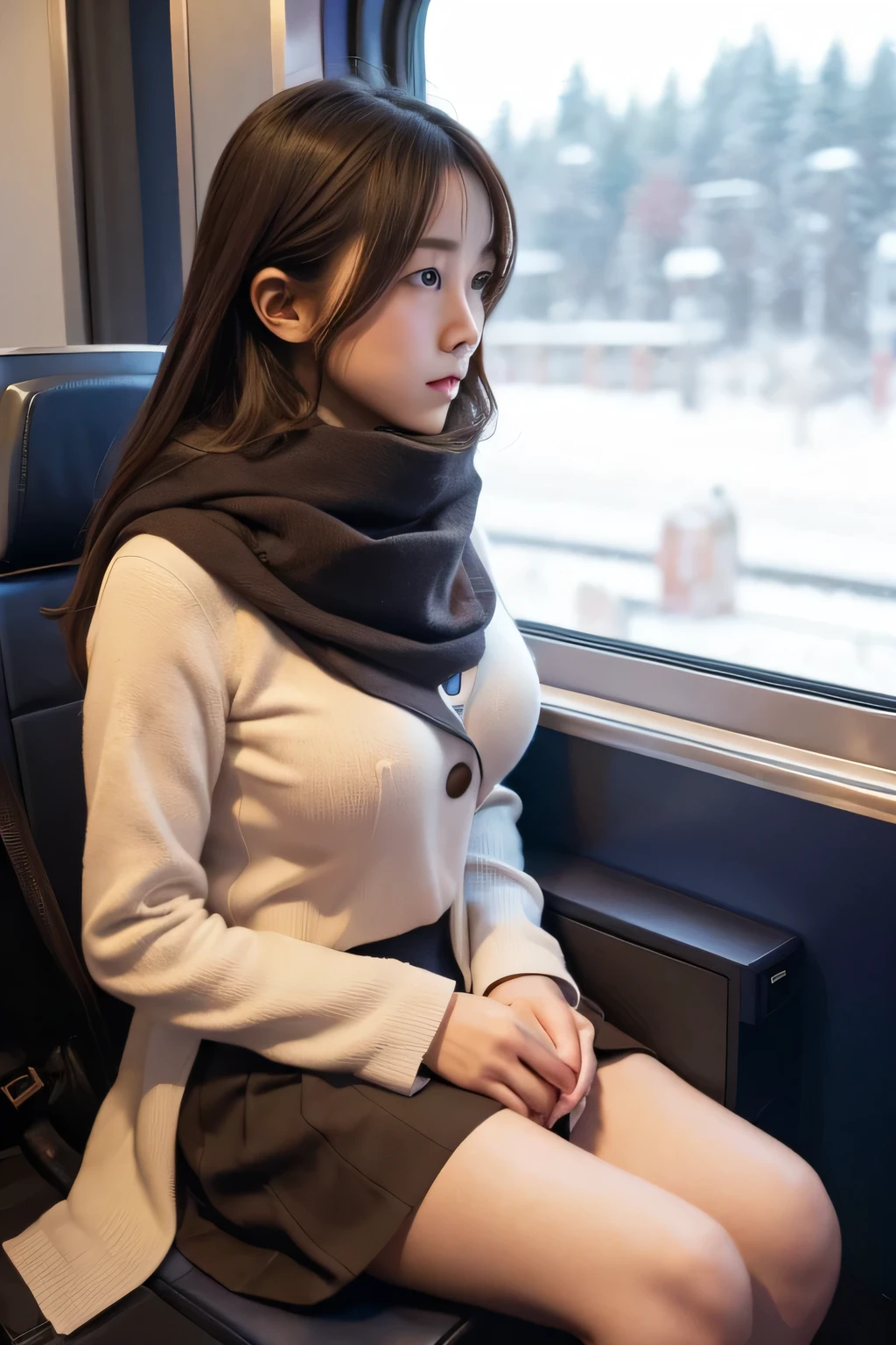 (((real photograph))), One girl in Japan、 scarf、 skirt、night、winter、Sitting on a bullet train seat、( Looking Out of Window ), snow、Big Breasts、Slender Thighs 、 Slender Body 、