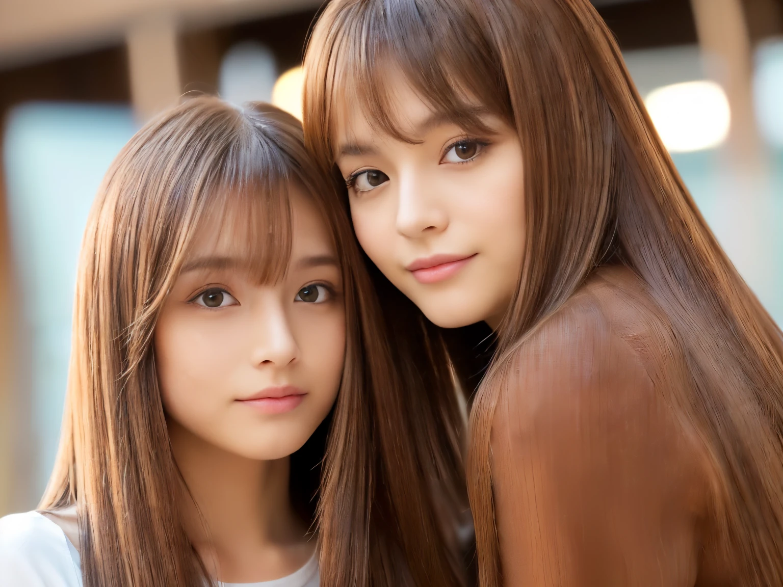2人の若い女性が長い茶髪でポーズをとっている写真 - SeaArt AI