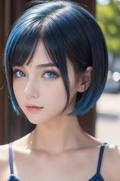 Girl with short hair, blue hair, blue eyes, blue matching, confident