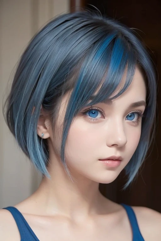 Girl with short hair, blue hair, blue eyes, blue matching, confident