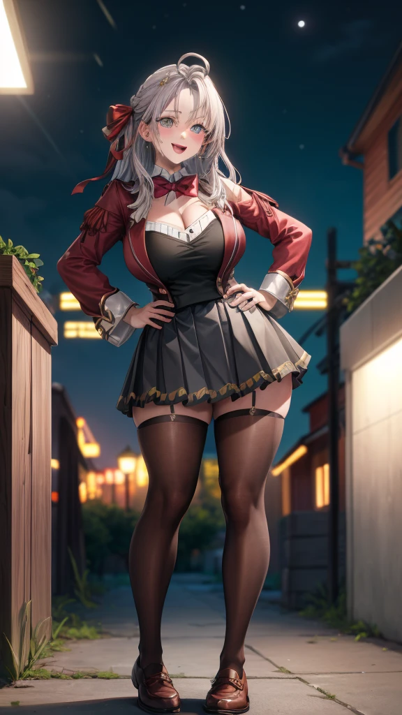 ((Biologically correct limb count))、(( From head to toe、Full-body photo including face))、4K、((Standing position))、masterpiece、((Focus on the face))、((Symmetrical facial features))、Eyes with detailed description、Beautiful woman、Great style、Beautiful arms、Beautiful legs、Beautiful Hands、(Small Ass、Thin thighs)、Facial detailing、Small earrings、necklace、(Red latex uniform、skirt、corset、((High heels、Black garter stockings)))、Face close-up、smile、Silver Hair、((Alluring))、Walking with my head up、Panty shot