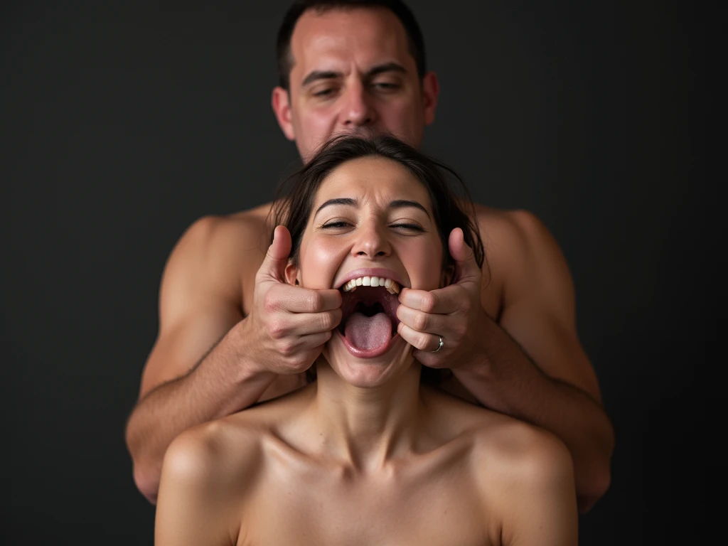 The image is a high-resolution photograph of a  man positioned behind a woman. He is behind her, holding her head and face with both hands.   He is holding her cheeks wide open, mouth lips spread apart, by both hands. The woman is nude and her mouth is open wide.   Both facial expressions are focused and intense.