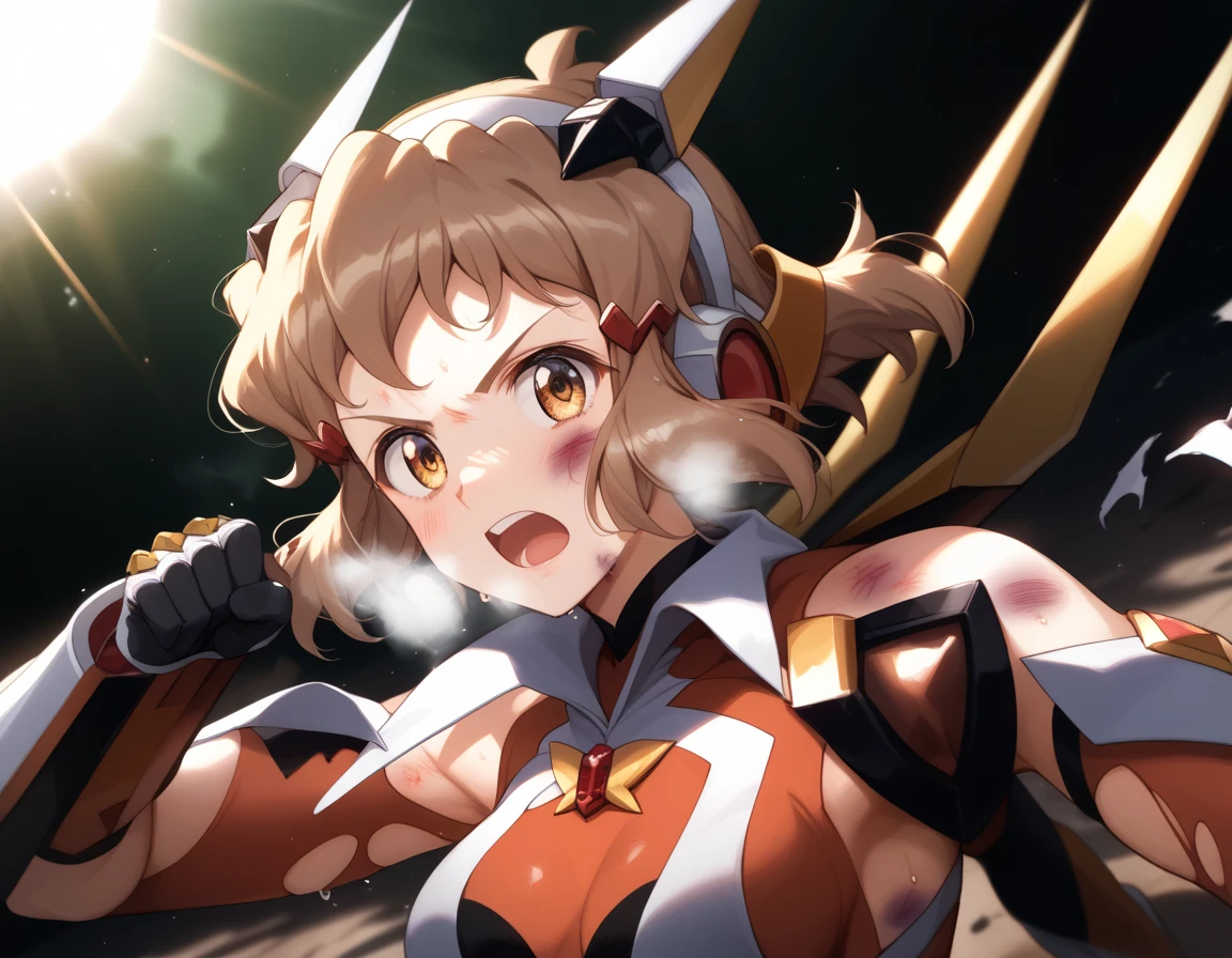  top quality ,  soft light during the cruise,  super high res,  cute, Beautiful face in every detail , high resolution details of human skin texture, shiny skin,sweat,Heat, white breath ,Take a deep breath,Hibiki Tachibana,Brown Hair,, battle costume,Outdoor Arena,sunlight, serious eyes,Ready,Big eyes, Symphogear ,armed gear , open mouth ,Fighting pose,bruised body, has a weapon , hair ornament, torn clothes ,Short Hair,