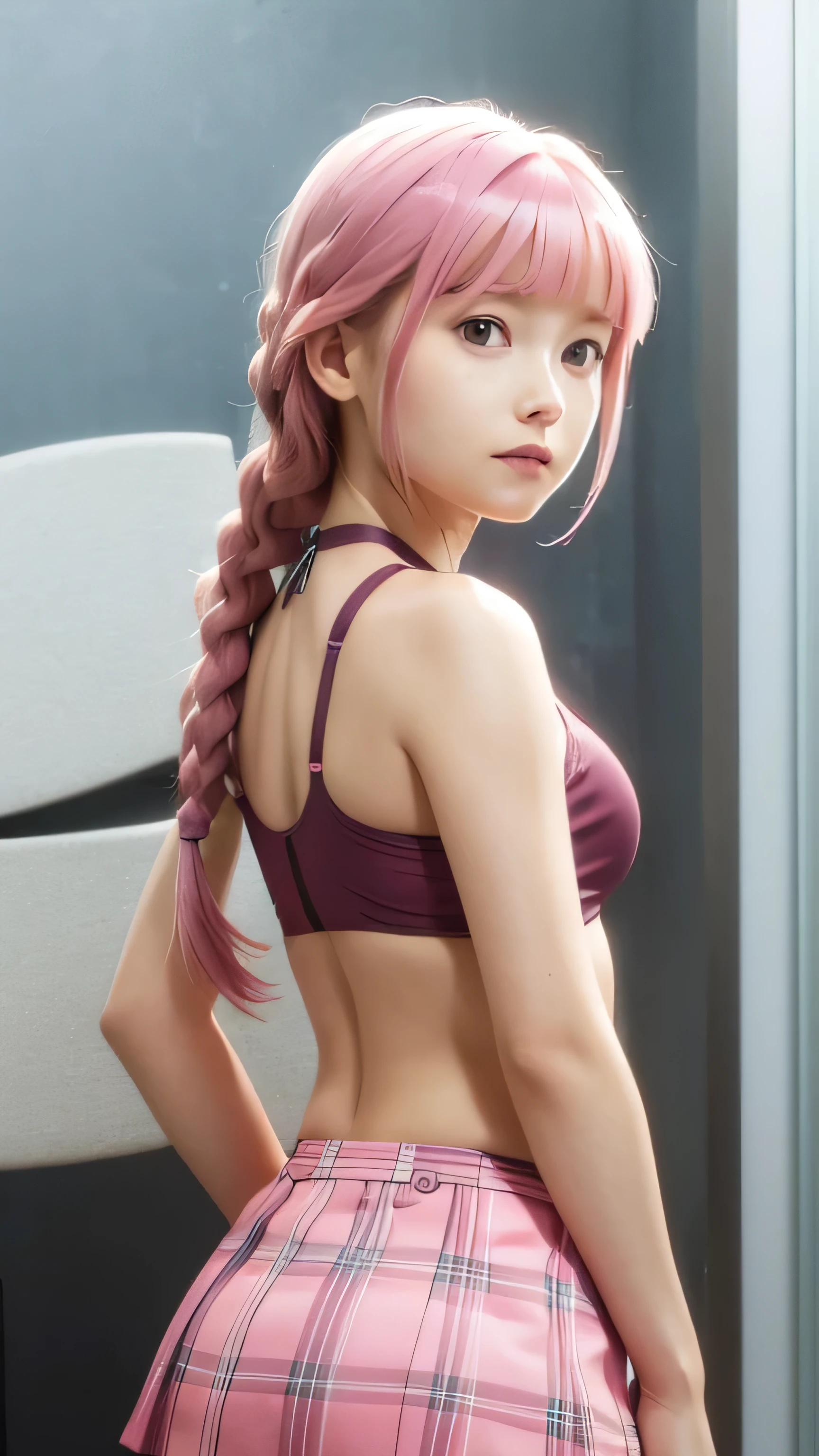 a very young looking young lady with pink hair and a swim suit, 1girl, solo, pink hair, ass, long hair, underwear, panties, braid, looking back, looking at viewer, brown eyes, skirt