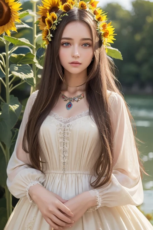 (  Absurdly ,  High Quality  ,  ultra detail showing the cathedral ) ,( Handmade ) ,  One girl , Alone,  mature,  long hair, Sunflower Hair ,  beautiful crystal eyes  ( Eye details ) Baroque,  necklace,  long dress ,  Long Sleeve ,  elegant ,  colorful ,  best details,  upper body , Along with the river and sunflower flowers