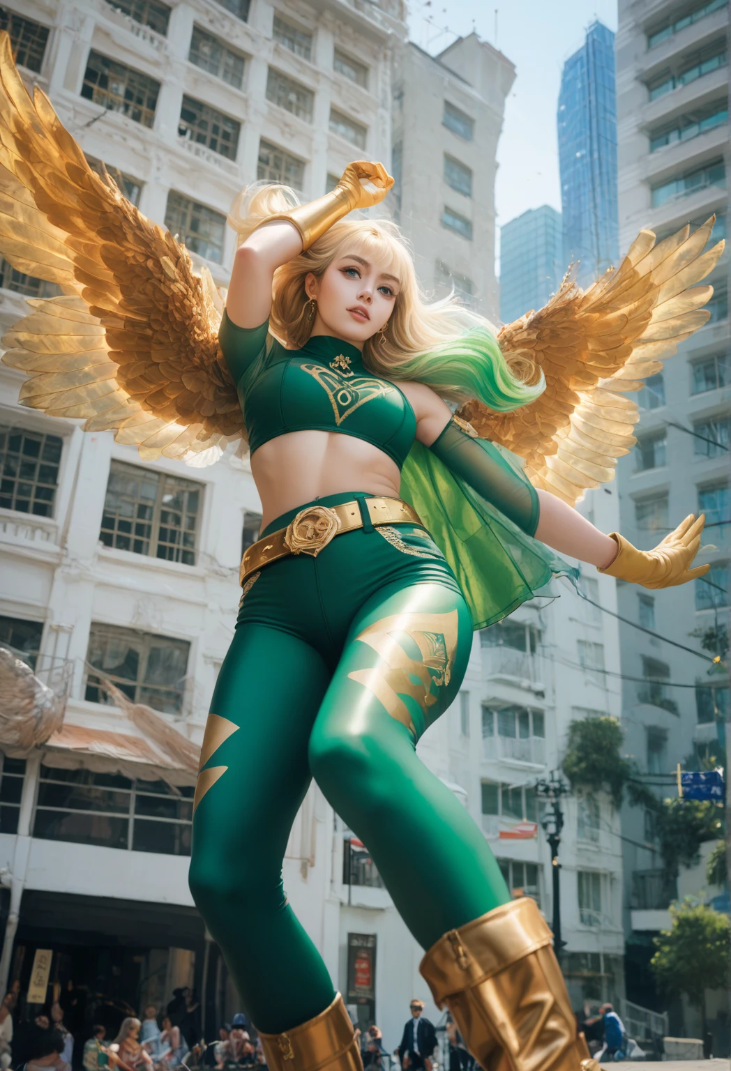 Create a high definition photo,  superior quality, 8k,  A full-bodied woman , blonde with long straight hair ,  wearing a green wetsuit , green leggings, golden boots,  golden gloves and gold belt ,  and Brazilian flag in the middle of her chest ,  She flies face down with her arms open, flying between buildings 