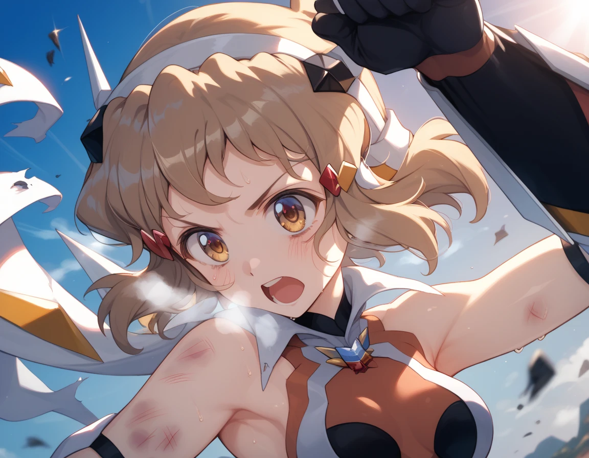  top quality ,  soft light during the cruise,  super high res,  cute, Beautiful face in every detail , high resolution details of human skin texture, shiny skin,sweat,Heat, white breath ,Take a deep breath,Hibiki Tachibana,Brown Hair,, battle costume,Outdoor Arena,sunlight, serious eyes,Ready,Big eyes, Symphogear ,armed gear , open mouth ,Fighting pose,bruised body, has a weapon , hair ornament, torn clothes ,Short Hair,