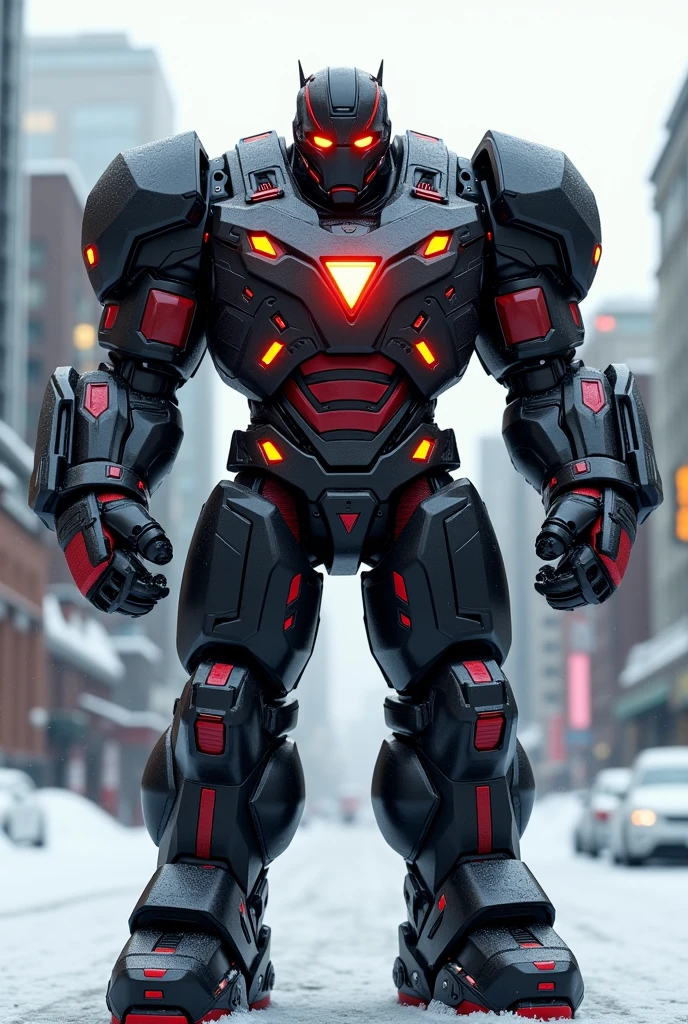 Large Hulkbuster suit with a goalie hockey helmet, daytime, wintertime, Vancouver Canada, rtx, octane, unreal, black suit with red and orange colours, red eyes, triangular arc reactor, Black helmet, with Red and Yellow accents, battle pose, pronounced shoulder pads ready to battle, heavy-duty armour, a hockey helmet and facemask, american football helmet, full body, charged up arms, popped collar, Battle pose, winged shoulders, knees slightly bent