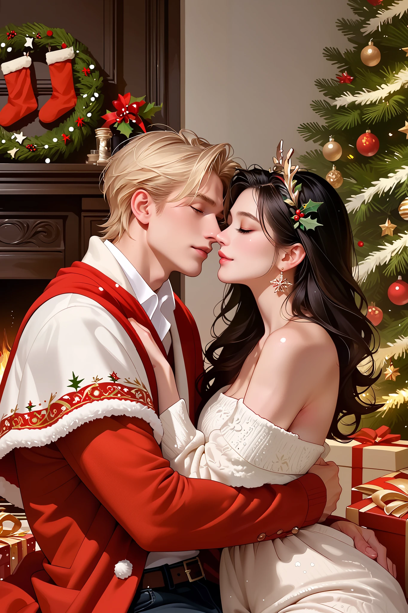  romantic atmosphere ,  Very detailed,  portrait, ​masterpiece, Sharp focus,  Official Art , Christmas, couple, man and woman, SFW, Christmas party, comfy cloths, normal cloths