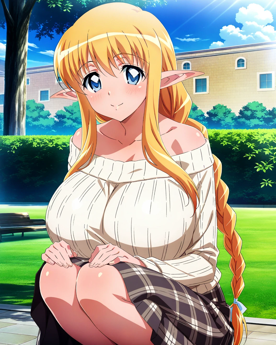 score_9, score_8_up, score_7_up, source_anime, anime coloring, anime screencap, 1 girl, alone, Tiffania Westwood (zero no tsukaima), elf, blonde hair, braid, single braid, braided ponytail, blue eyes, sweet smile, white beautiful skin, squatting, legs together, hands on own knees, looking at viewer, slim body, upper body, gigantic breasts, collarbone, long sleeves, off-shoulder ribbed shirt, beige shirt, pleated brown plaid skirt, long skirt, outdoors, sunny day, beautiful sky, at the park