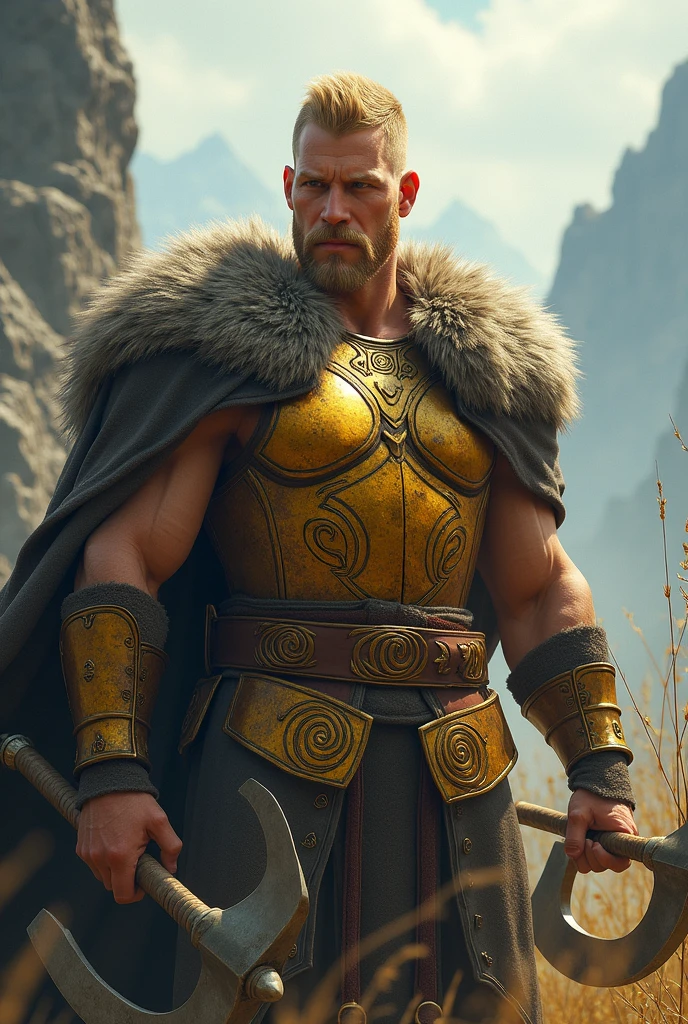 A muscular young man in traditional clothing, blonde hair, Blonde short beard, long pants, magical castle, detailed face, highly detailed, 8k, photorealistic, dramatic lighting, fantasy, cinematic, lush colors, intricate details