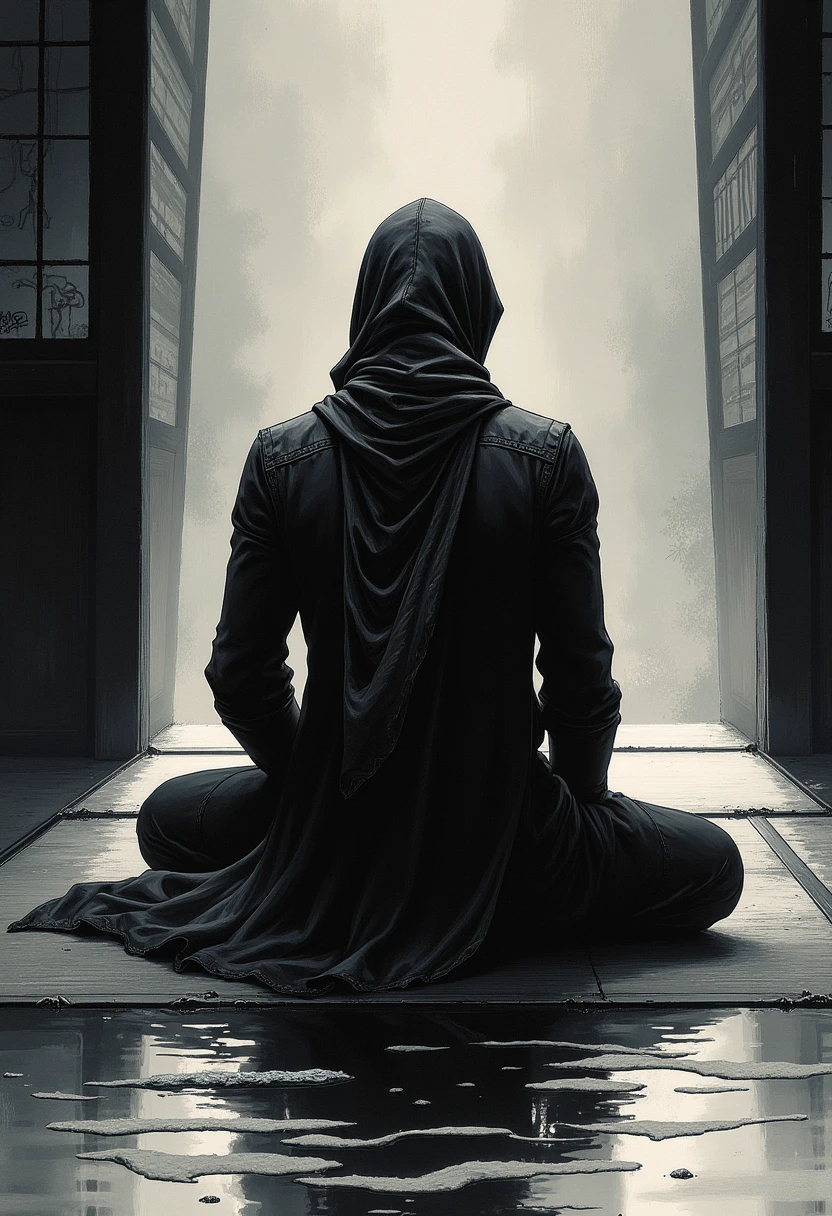 best quality,A ninja,Alone,tall and thin ninja character,(wearing minimal ninja armor,hood and mask,made of cloth,sleek,reflective fabric on the armor,matte cloth for the scarf),he is siting on (Tatami flooring),(right his knee raises ),(he looks down at floor),he is nerves,his back reflect the sharp light,A small amount of light shines on his back,I look down him from behind,details of textures of cloth and Tatami,shading and contrast of light,ink painting,negative space,