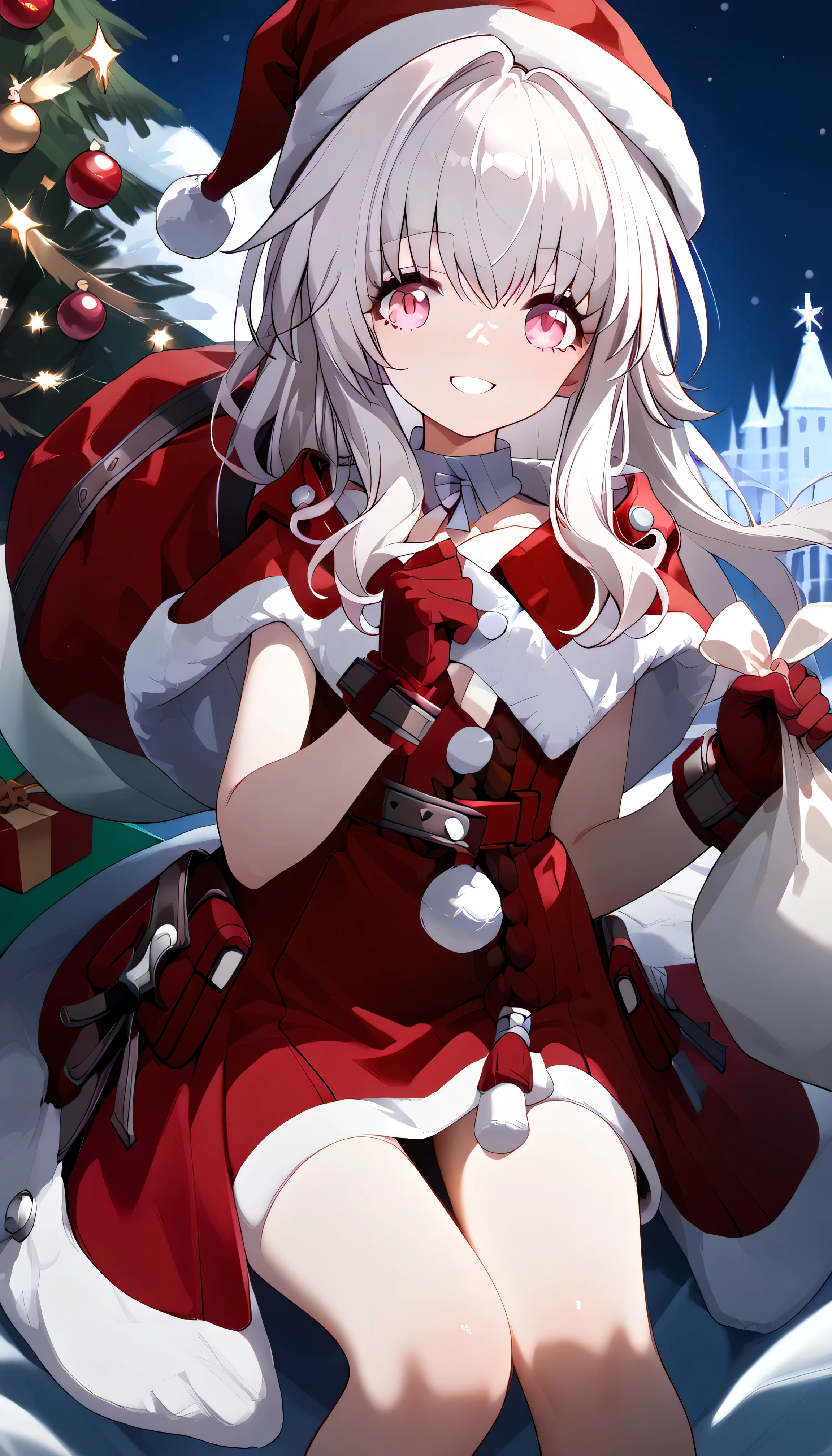 clara (honkai: star rail), 1girl, long hair, white hair, pink eyes,　Alone,  can see her eyebrows through her hair,  hair between eyes,  viewers, masterpiece,  top quality , very aesthetic, santa costume, santa hat, christmas, sack,  Merry Christmas , gift, fur-trimmed headwear, holding sack, santa dress, fur-trimmed dress, christmas tree, christmas tree, fur trim, red capelet, gift box, red gloves, fur-trimmed capelet, santa gloves, red hat, hat,　smile