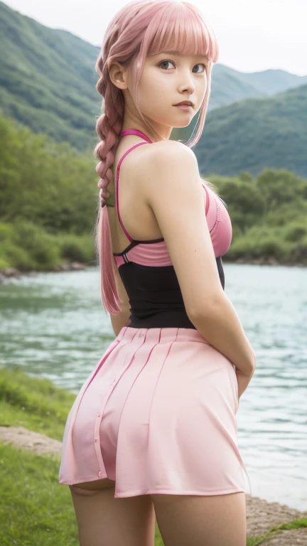 a very young looking young lady with pink hair and a swim suit, 1girl, solo, pink hair, ass, long hair, underwear, panties, braid, looking back, looking at viewer, brown eyes, skirt