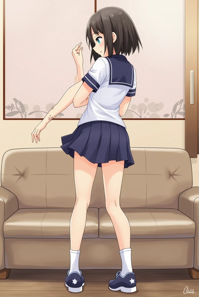  solo, 1girl, tamako kitashirakawa, , looking at viewer, open mouth,((deep breathing,surprised,crying)),,,my room,socks,camisole,denim shorts,(Sweating,ahegao),(((Sex with boys,trembling))),looking viewer,((panties)),standing,(((ass)))