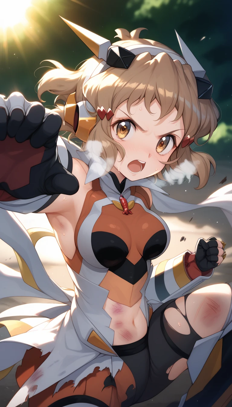  top quality ,  soft light during the cruise,  super high res,  cute, Beautiful face in every detail , high resolution details of human skin texture, shiny skin,sweat,Heat, white breath ,Take a deep breath,Hibiki Tachibana,Brown Hair,, battle costume,Outdoor Arena,sunlight, serious eyes,Ready,Big eyes, Symphogear ,armed gear , open mouth ,Fighting pose,bruised body, has a weapon , hair ornament, torn clothes ,Short Hair,