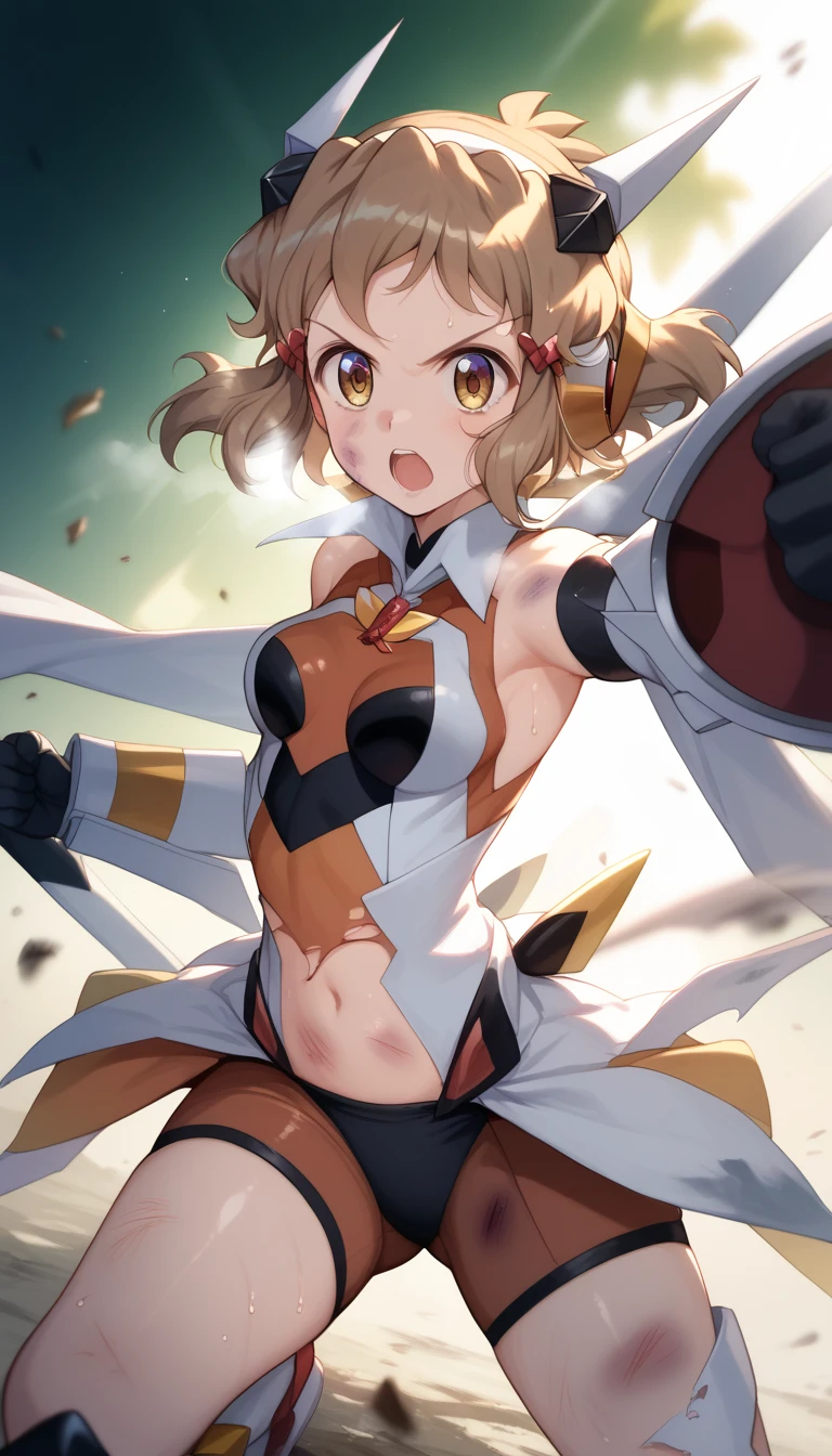  top quality ,  soft light during the cruise,  super high res,  cute, Beautiful face in every detail , high resolution details of human skin texture, shiny skin,sweat,Heat, white breath ,Take a deep breath,Hibiki Tachibana,Brown Hair,, battle costume,Outdoor Arena,sunlight, serious eyes,Ready,Big eyes, Symphogear ,armed gear , open mouth ,Fighting pose,bruised body, has a weapon , hair ornament, torn clothes ,Short Hair,