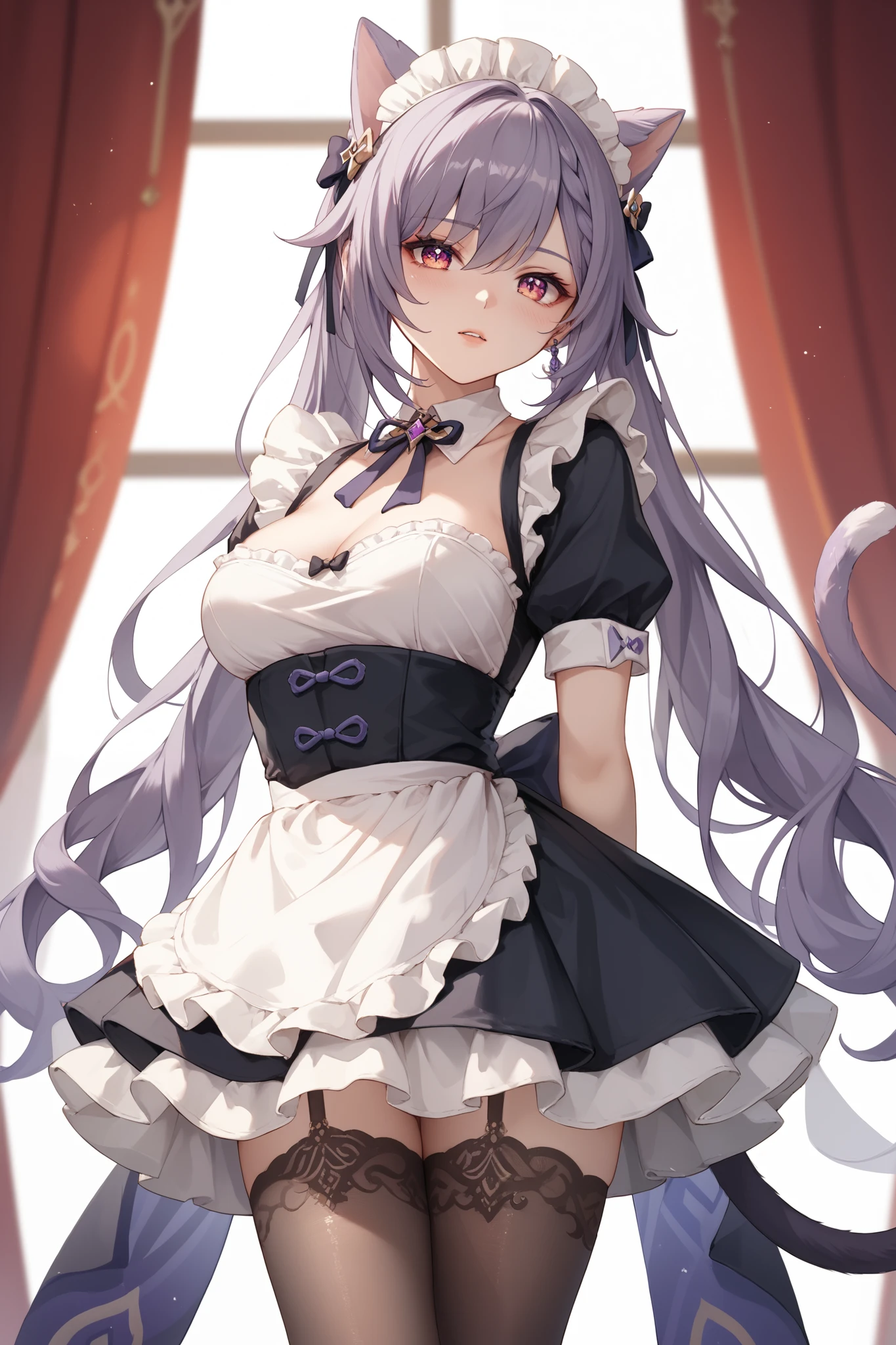  Create digital illustration of Ke Qing from Genshin Impact , , reinterpreted as a maid .  She is wearing a traditional black maid uniform with black tights with fine lace trim. cat ears are tender and pointed ,  in a soft purple hue ,  combined with the subtle glitter of the tail ,  hands behind your back,  hands are completely out of sight. Use LoRa , make anatomically correct lips