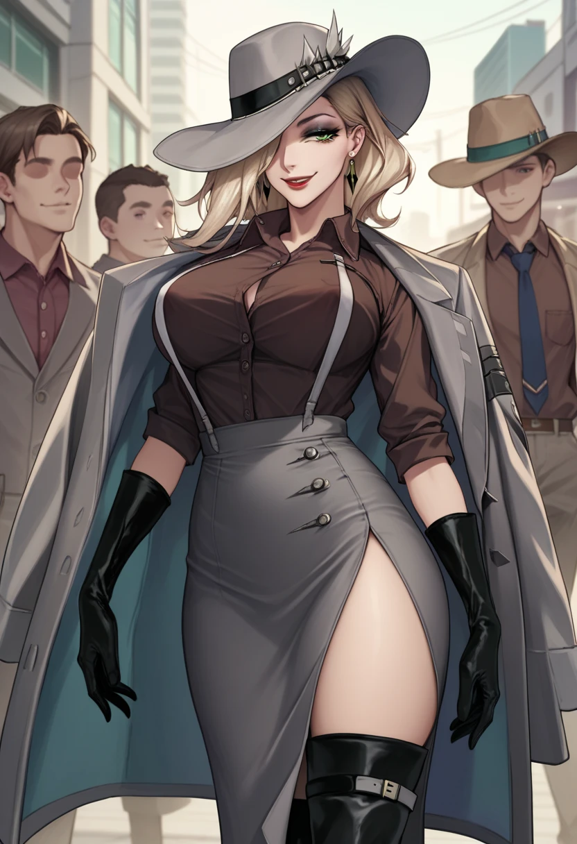  1girl, multiple man , brown shirt, collared shirt, grey coat, coat on shoulder, gloves, grey pencil skirt, long skirt, side slit, black thigh boots, thighs, makeup, red lips, hat over one eye, one eye covered, light smile, earrings, green eyes, in downtown,covered eract nipple, , unbuttoned shirt, large breast, in city、sling bikini