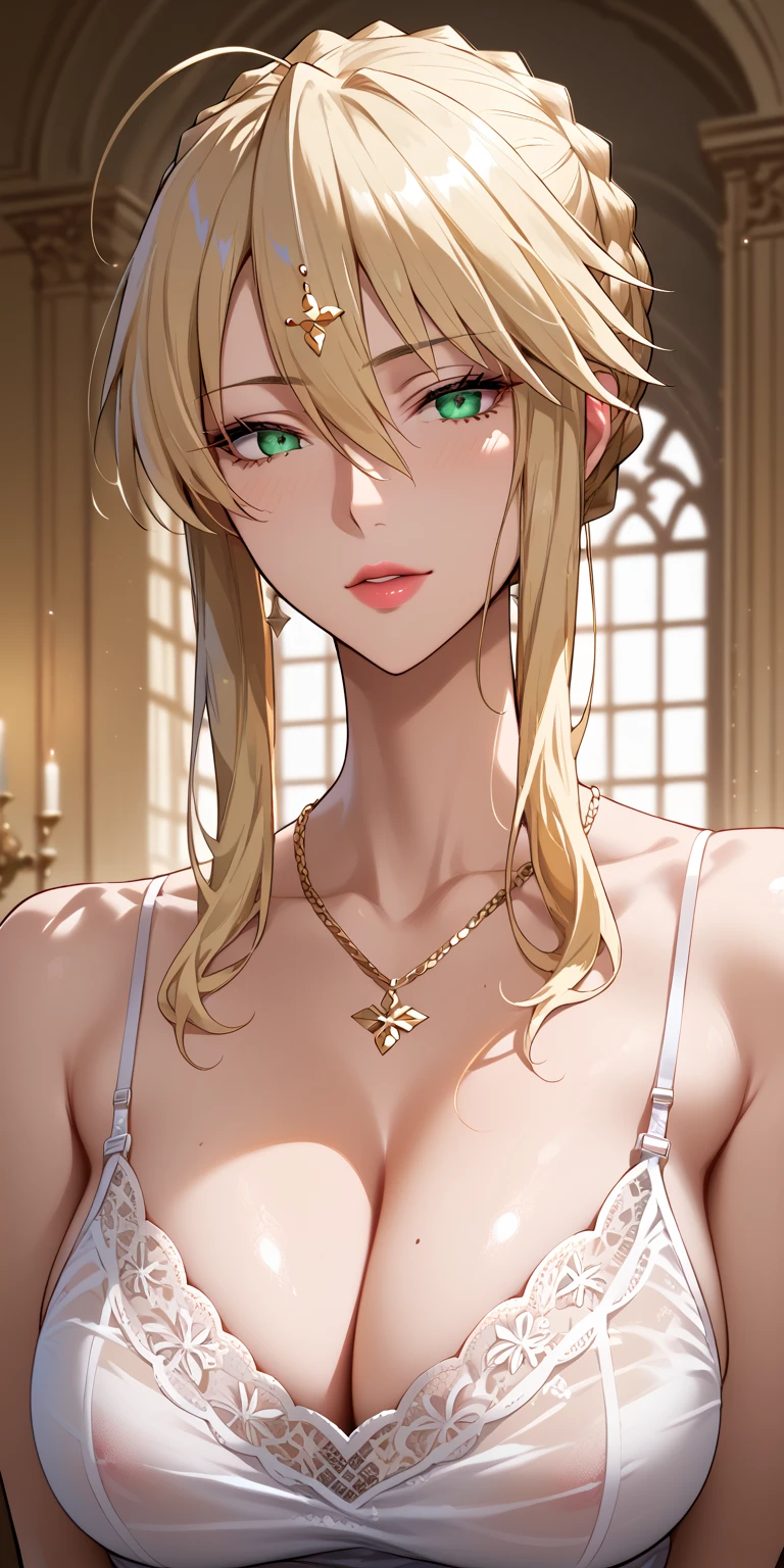 Score_9, Score_8_up, Score_7_up, Source_anime, anime art, very aesthetic, masterpiece, high quality, 1girl, mature woman, milf, blonde hair, braid, curvaceous, camisole, Artoria pendragon (lancer) (fate), upper body, stunning visual cg