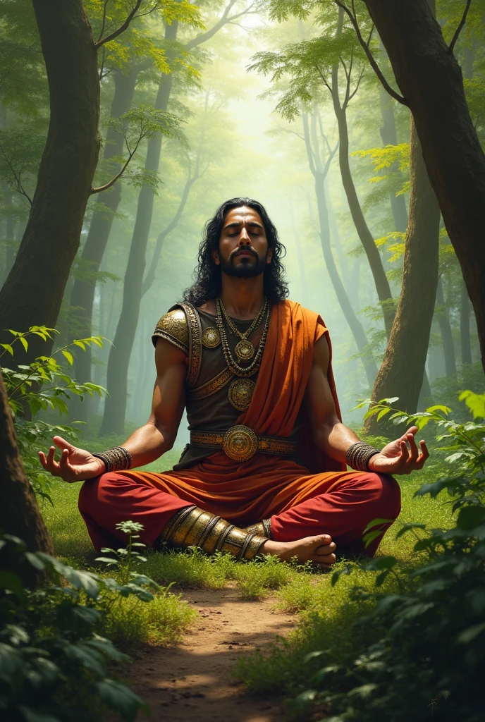Hyperrealistic portrait of a man sitting on a rock with a deer and other people, buddhism, mango tree, buddhist, very clear picture, holy man looking at ground, sri lanka, from ramayan, accurate depiction, very known photo