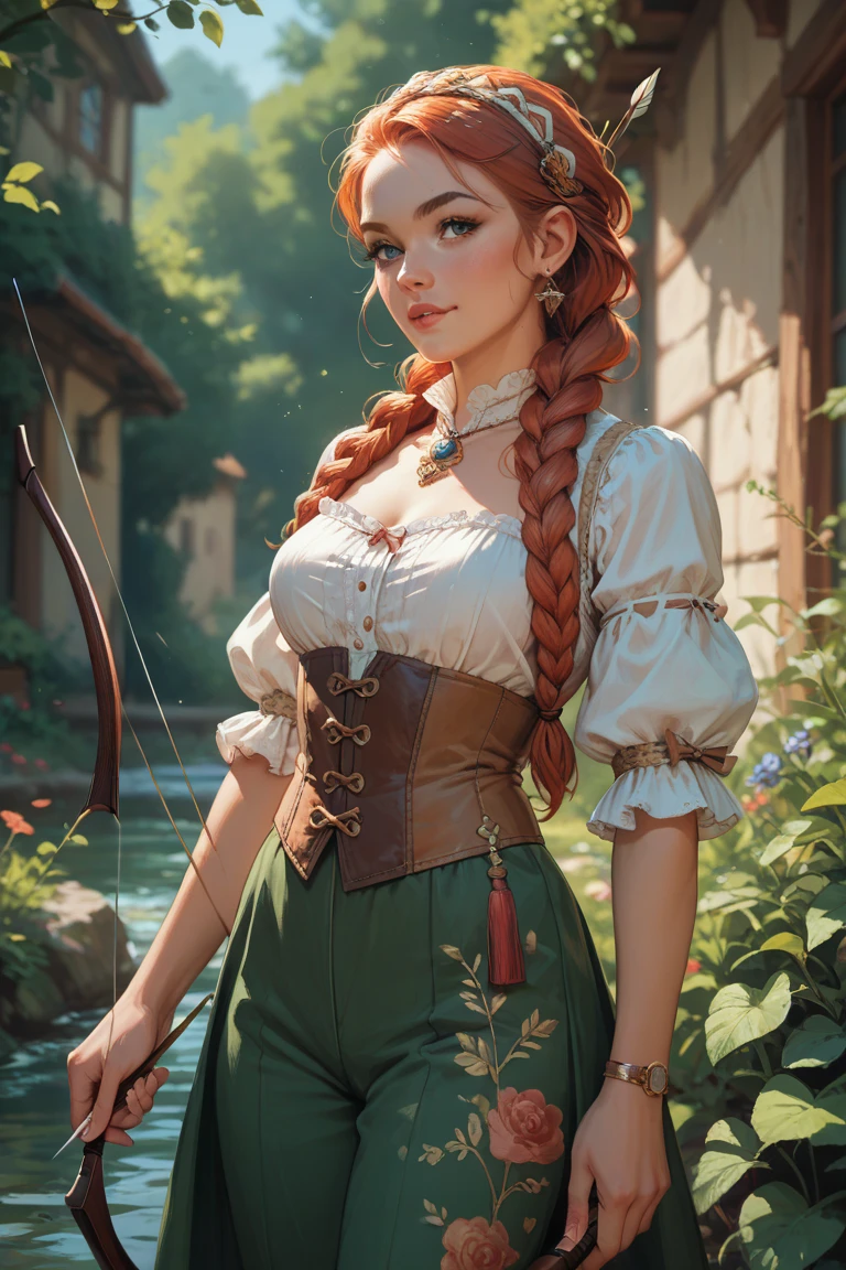 Redheaded girl braided with pretty peasant clothes pants and blouse with bow and arrow on her back
