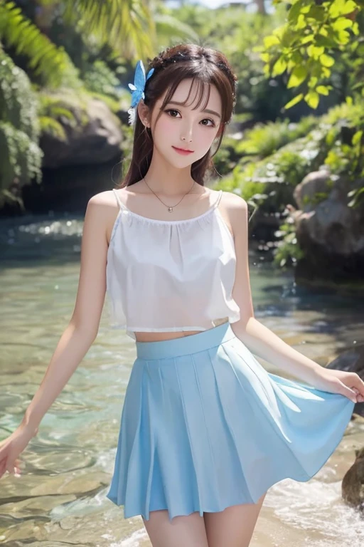  1 girl, Clear water, Blue Butterfly,  Pure White Gauze Skirt , Sparkling