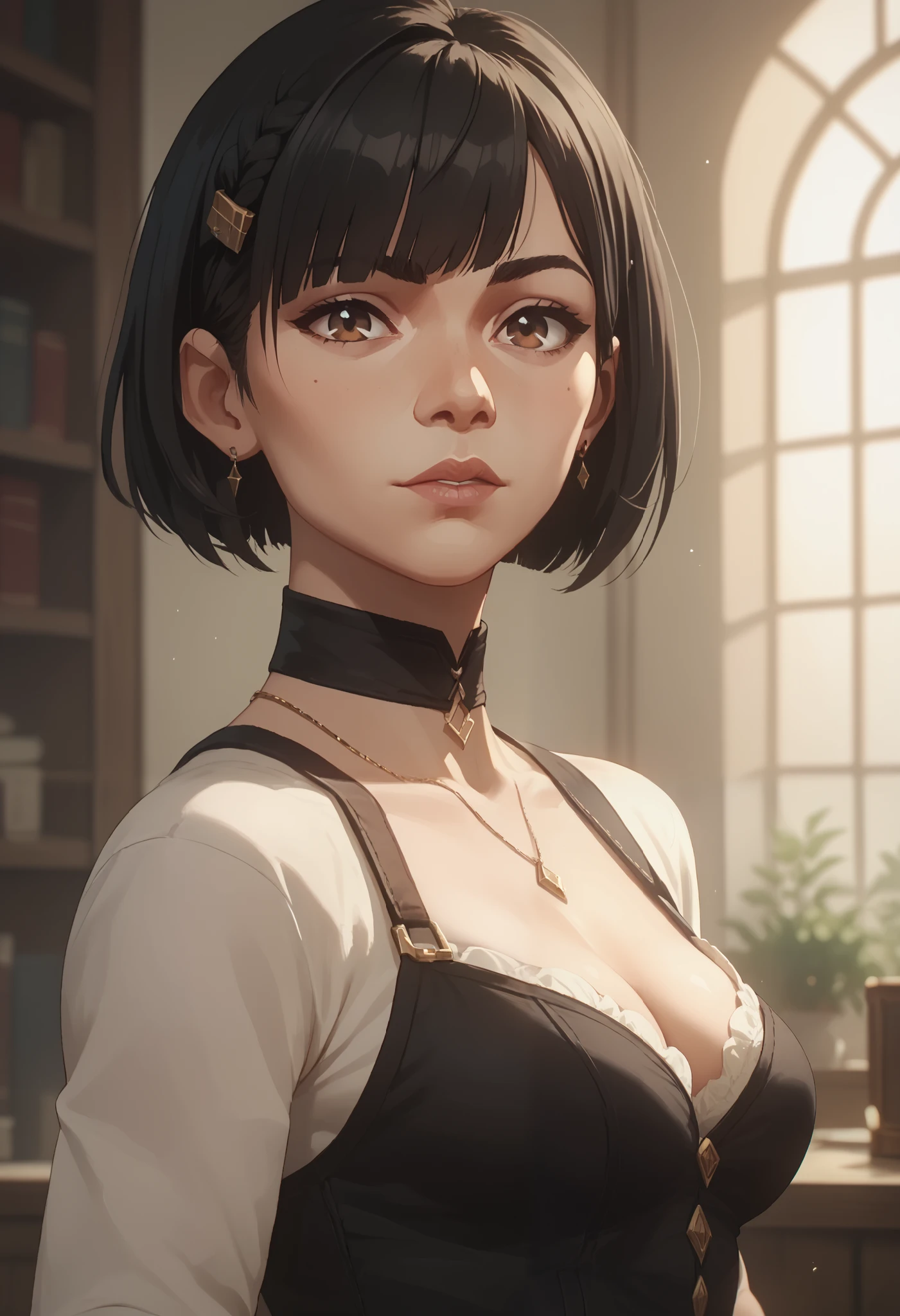 masterpiece, best quality, extremely detailed, detailed face BREAK ambient soft lighting, 4K, 1girl, solo, mature female, mature, adult, milf, (tomboy:1.2), upper body, very short hair, black eyes, black irises, (tsurime:1.2), long eyelashes, thick eyelashes, looking at viewer, freckles, undershirt, sleevesless, flat chest, <lora:Tomboy-3000-12repeats:0.8>