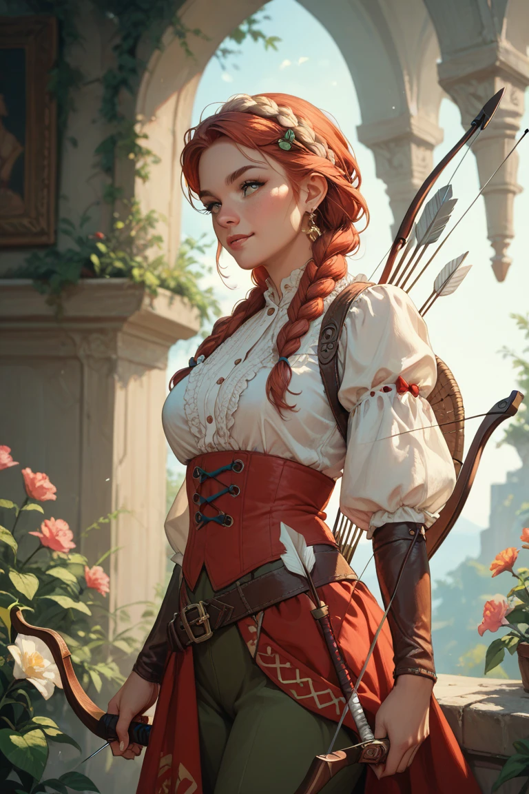 Redheaded girl braided with pretty peasant clothes pants and blouse with bow and arrow on her back
