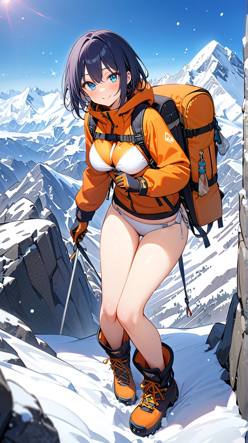 Beautiful girl with healthy body,free climbing,midriff,bikini,breathing white air,strong snow storm,strong snowy day,flying snowflakes as background,climbing snow peak,crawling on a vertical cliff,high altitude,high height,precise face