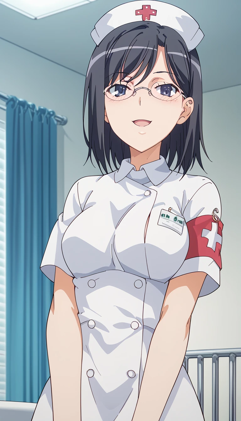 score_9、score_8_up、score_7_up、score_6_up、score_5_up、source_anime、safe_image、Expression of estrus、Looking up、blush、whole body、The background is a hospital room、Bed in the background、1 person、solo、 stares at viewers、Konori Mii 、 black hair、 Shorthair、 dark eyes、Glasses、Half an eye、、Nurse uniform、 nurse cap、、g4gh4nd、The big wiener below the screen、Grab a wiener with your hand