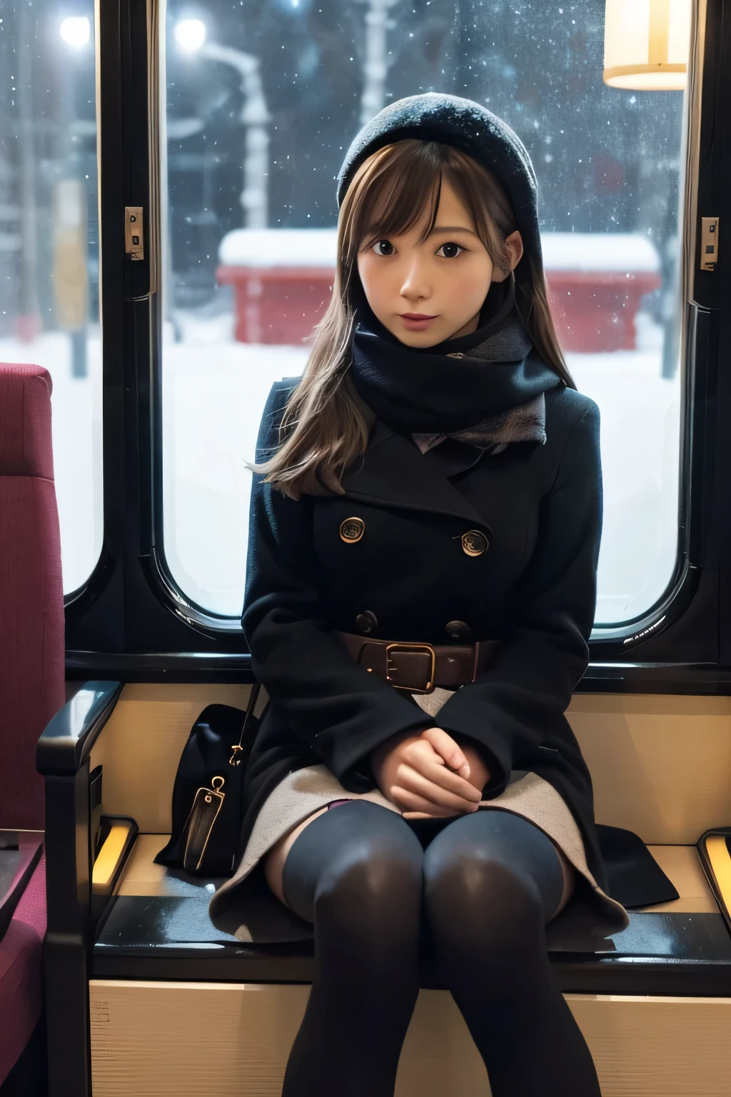 (((real photograph))), One girl in Japan、 scarf、 skirt、night、winter、I'm sitting on a seat in a private train、( Looking Out of Window ), snow、Big Breasts、 slender leg、 Slender Body 、((( black tights ))), 