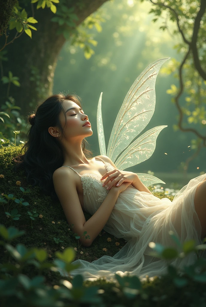 Beautiful fairy, surrounded by fireflies, ethereal and dreamy atmosphere