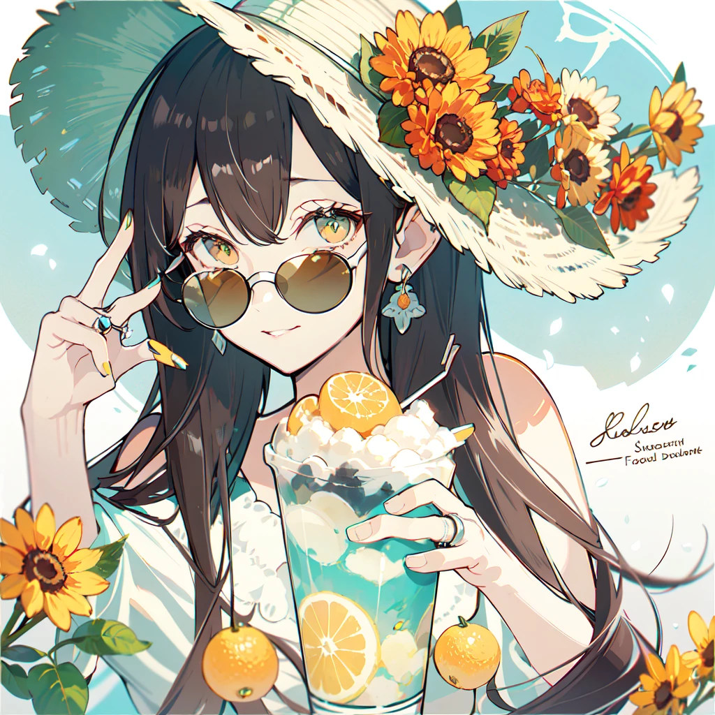 (masterpiece:1.2), best quality,PIXIV,Sweet girl portrait,
1girl, solo, starfish, seashell, shell, flower, hat, hair ornament, jewelry, straw hat, looking at viewer, sunglasses, hat flower, drinking straw, hairclip, earrings, red flower, tinted eyewear, yellow flower, bangs, english text, multicolored hair, orange flower, black hair, ring, cup, long hair, orange-tinted eyewear, food, brown hair, portrait, shell hair ornament
 